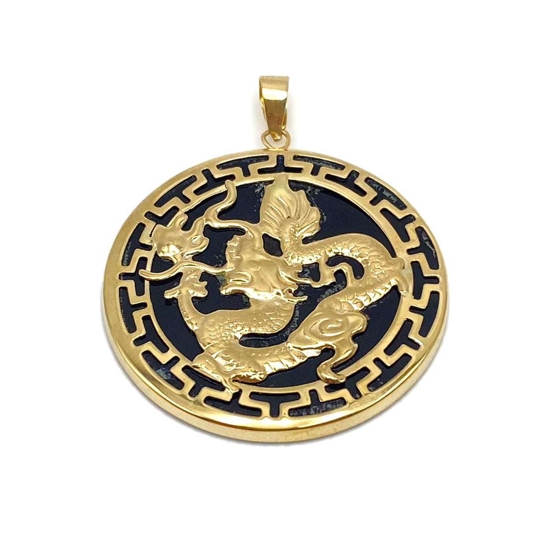 14k Round Dragon Pendant - Onyx